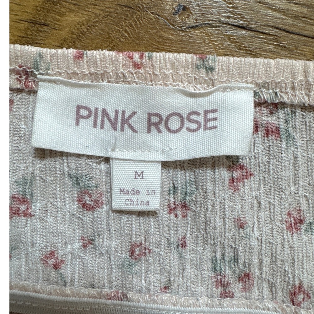 Pink Rose Floral Babydoll Cami Top Pink Cream Lace Trim Lettuce Edge Womens M - Picture 3 of 7